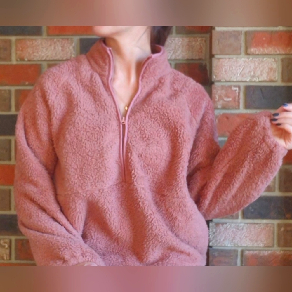 Sadie & Sage Cinchable Cozy Teddy Pink Fleece Half Zip pullover sherpa Sweater